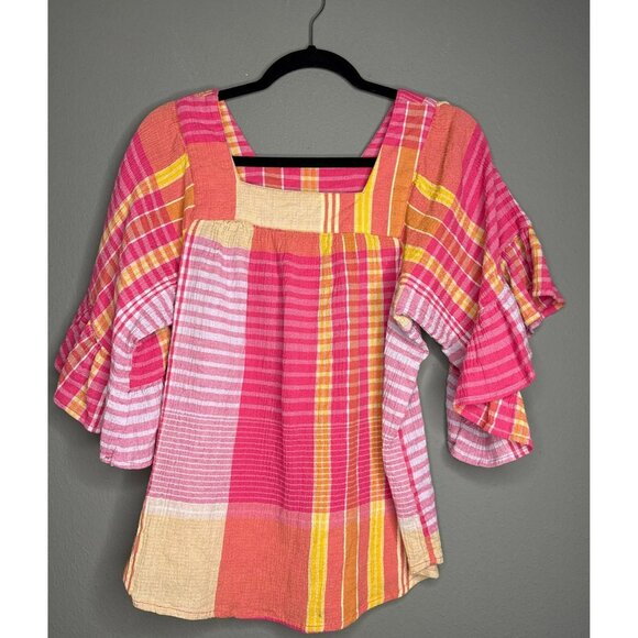 beachlunchlounge Tops - Beachlunchlounge Collection Plaid Boho Flowy Naomi Blouse Women's Medium
